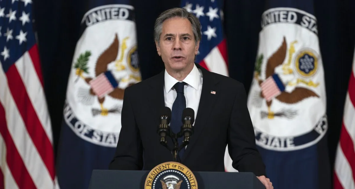 Secretary of State Anthony Blinken introduces President Joe Biden for remarks to State Department staff, in Washington, on Feb. 4, 2021. (Evan Vucci/AP Photo)