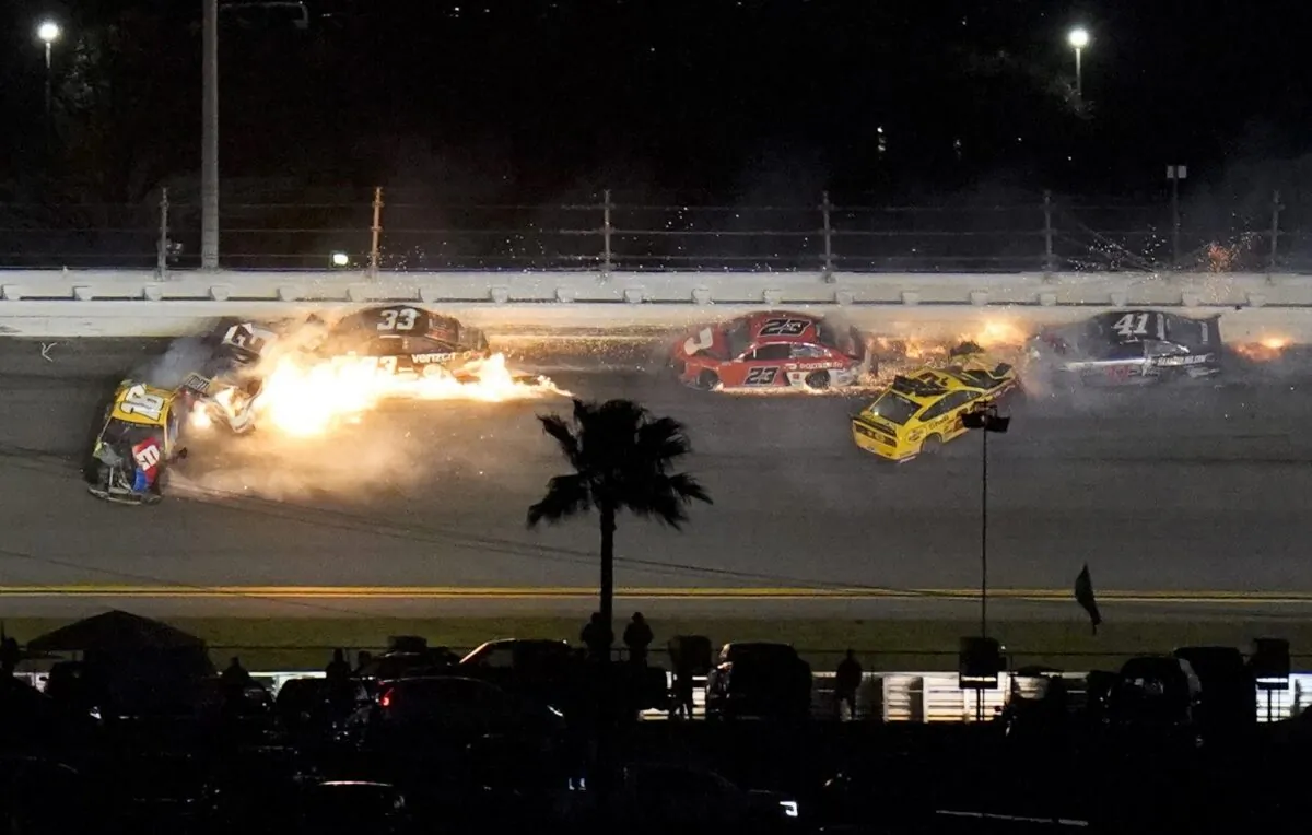 Racers crash during the last lap in the NASCAR Daytona 500 auto race at Daytona International Speedway, in Daytona Beach, Fla., on Feb. 15, 2021. (Chris O'Meara/AP Photo)