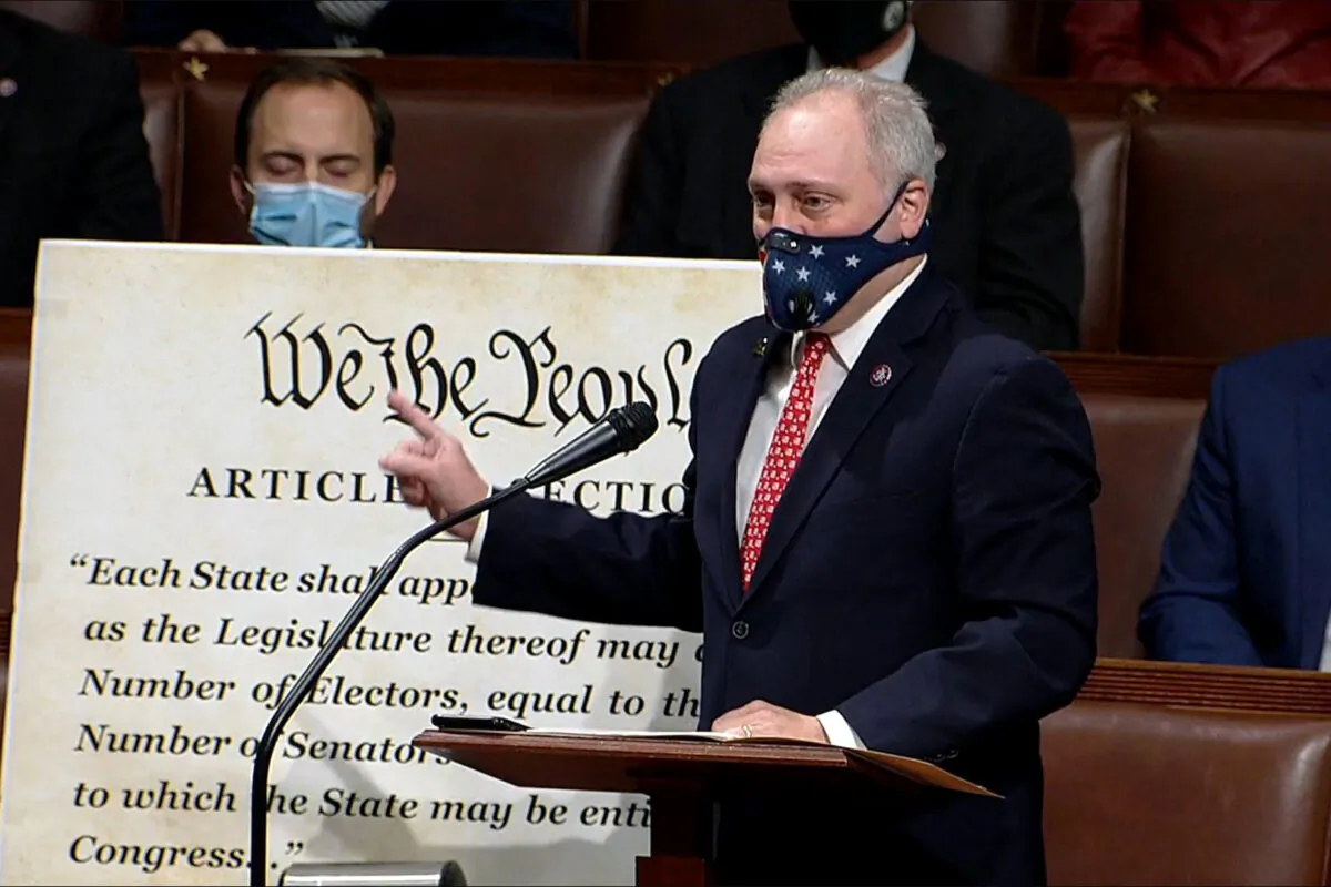 In this screenshot taken from a congress.gov webcast, U.S. House Minority Whip Steve Scalise (R-LA) speaks during a House debate session to ratify the 2020 presidential election at the U.S. Capitol in Washington on Jan. 6, 2021. (congress.gov via Getty Images)