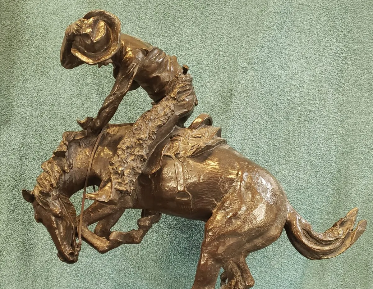 A detail of the “The Rattlesnake,” 1905, by Frederic Remington. Bronze sculpture; 23 inches high by 22 inches long by 10.5 inches wide. (Courtesy of Wayne A. Barnes)