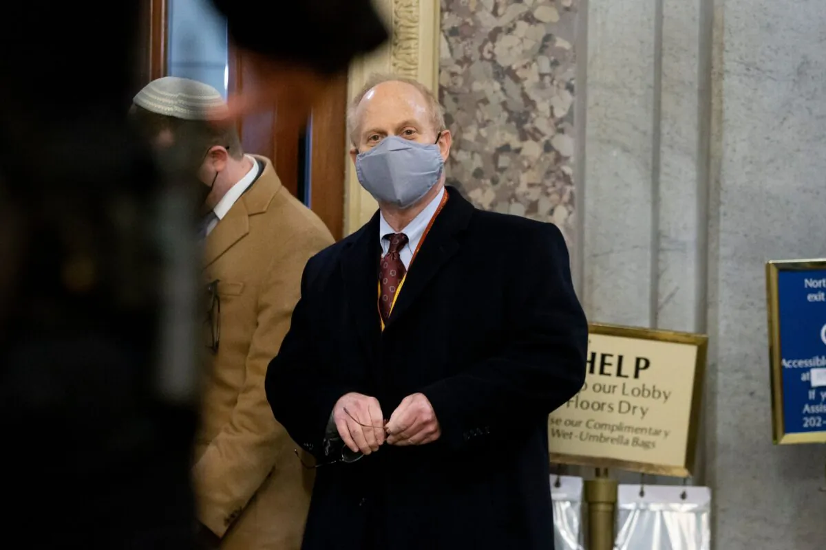 David Schoen, a lawyer for former President Donald Trump, arrives at the U.S. capitol for the third day of the second impeachment trial of Trump, on Capitol Hill in Washington on Feb. 11, 2021. (Michael Reynolds/Pool/AFP via Getty Images)