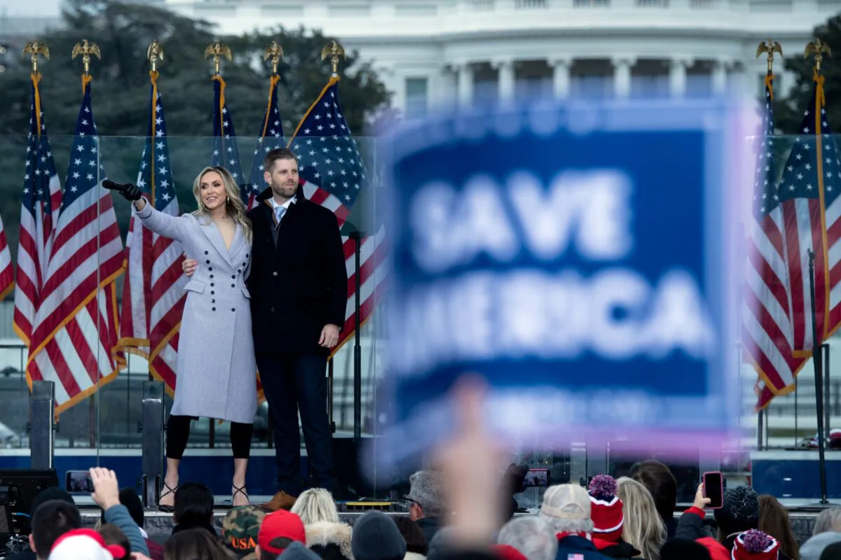 Lara Trump and Eric Trump speak during a rally of supporters of US President Donald Trump on The Ellipse outside of the White House on Jan. 6, 2021. (Brendan Smialowski/AFP via Getty Images)
