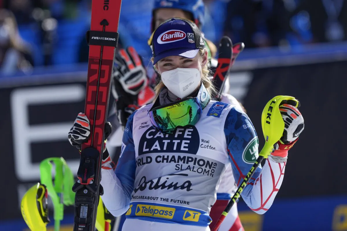 United States' Mikaela Shiffrin celebrates her third place in the women's slalom, at the alpine ski World Championships in Cortina d'Ampezzo, Italy, on Feb. 20, 2021. (Giovanni Auletta/AP Photo)