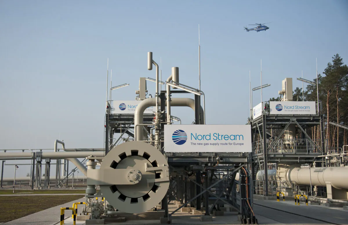 A helicopter flies over the terminal of the Nord Stream gas pipeline, the primary conduit of Russian gas to Europe, in Lubmin, Germany, on Nov. 8, 2011. (John MacDougall/AFP via Getty Images)