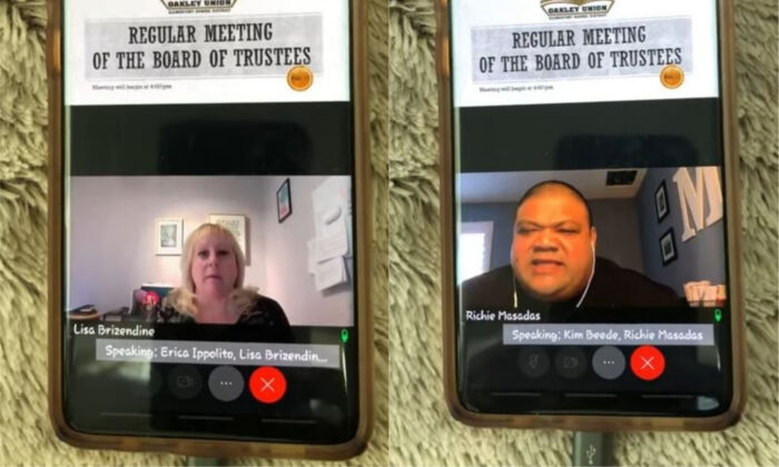 In screenshots from a video, school board members in California are seen during a Feb. 17, 2021 meeting. (YouTube)