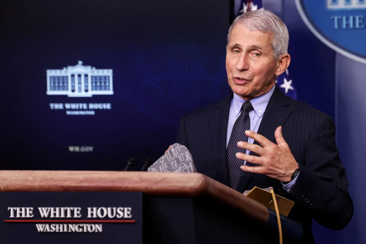 National Institute of Allergy and Infectious Diseases Director Dr. Anthony Fauci addresses the daily press briefing at the White House in Washington on Jan. 21, 2021. (Jonathan Ernst/Reuters, File Photo)