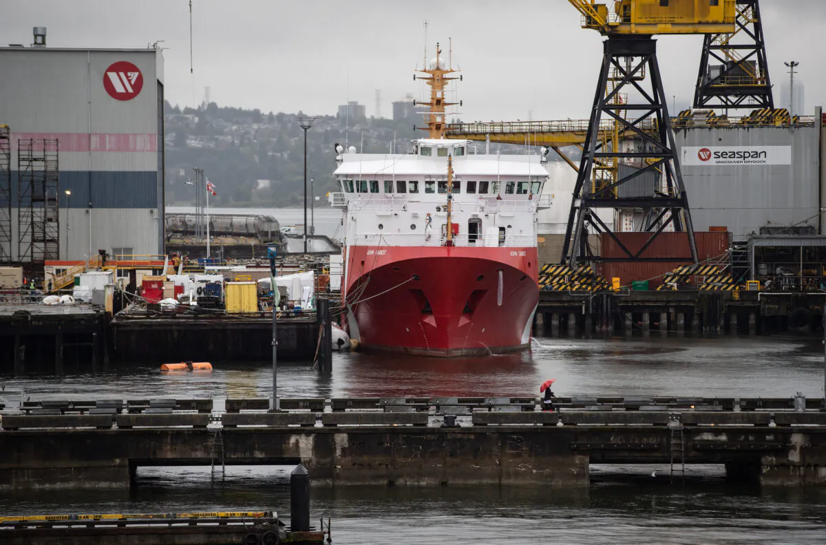 A Coast Guard vessel at Seaspan Shipyards in North Vancouver, B.C., on Aug. 6, 2020. (The Canadian Press/Darryl Dyck)