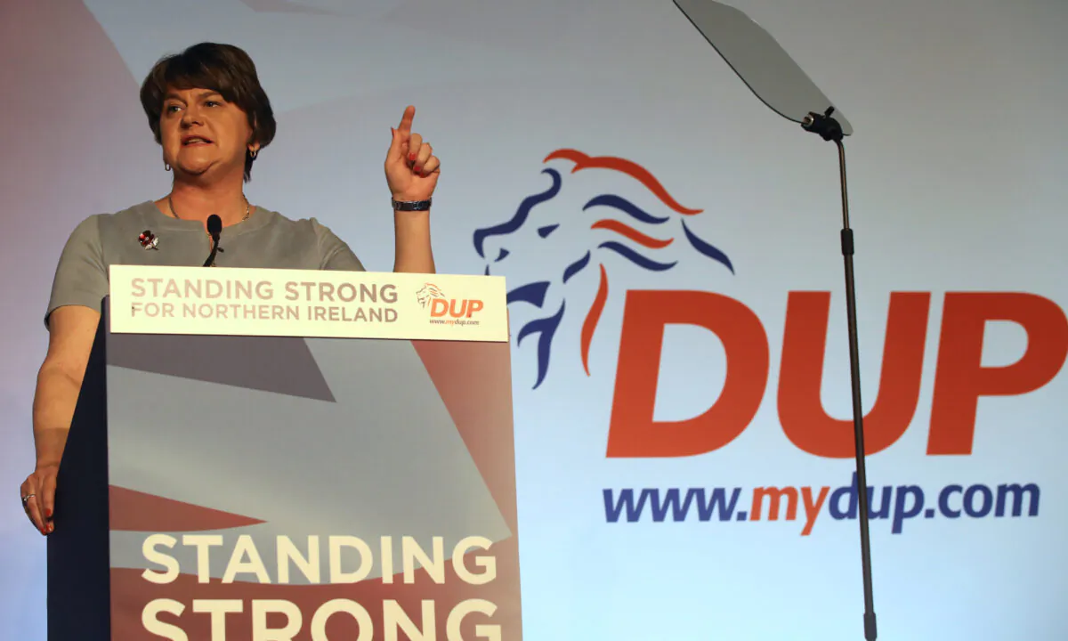 Leader of the DUP Arlene Foster MLA speaks at the Democratic Unionist Party (DUP) annual conference in Belfast, Northern Ireland on Oct. 26, 2019. (Lorraine O'Sullivan/Reuters)
