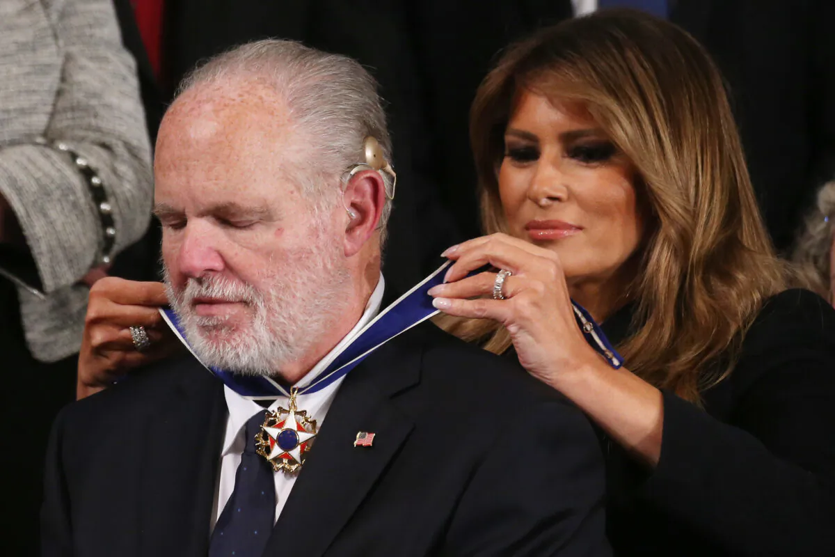 Radio personality Rush Limbaugh reacts as First Lady Melania Trump gives him the Presidential Medal of Freedom during the State of the Union address in the chamber of the U.S. House of Representatives in Washington on Feb. 4, 2020. (Mario Tama/Getty Images)