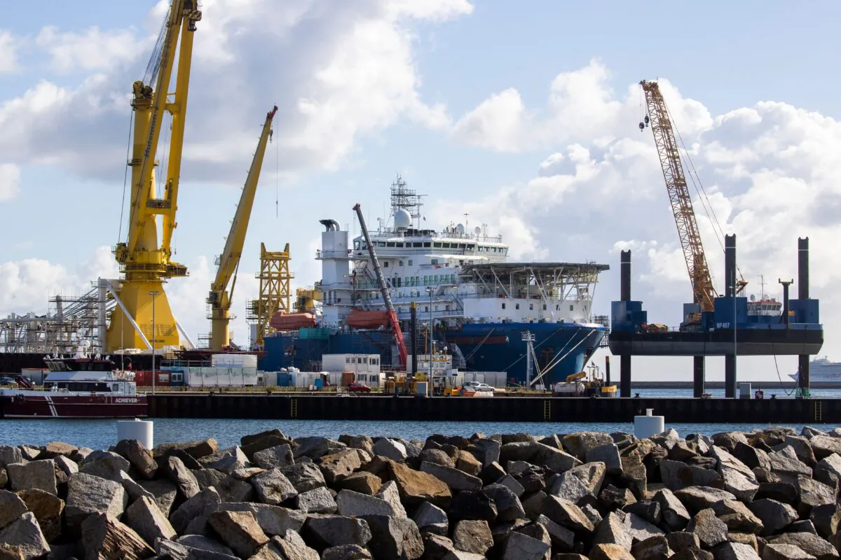 The Russian pipe laying vessel Akademik Cherskiy is moored in the port of Mukran near Sassnitz on the Baltic Sea island of Ruegen, north eastern Germany, on Sept. 7, 2020. (Odd Andersen/AFP via Getty Images)