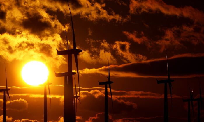 Turbinele eoliene sunt însoțite de soare la parcul eolian Black Law, în Black Law, Scoția, pe 29 ianuarie 2010. (Jeff J. Mitchell/Getty Images)