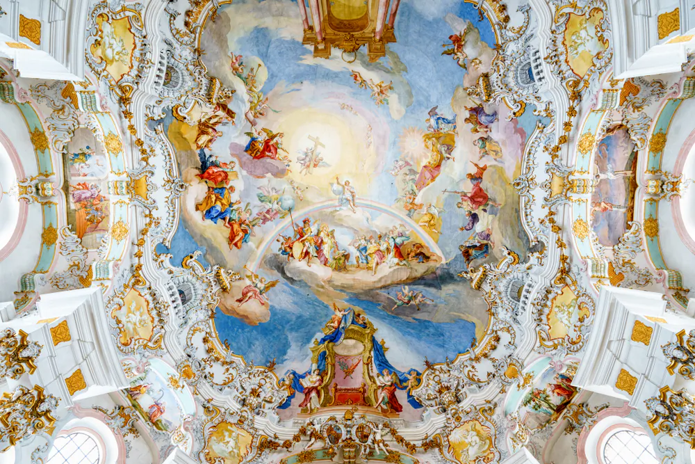 Wieskirche (the Pilgrimage Church of Wies), in Bavaria, Germany, is a Rococo masterpiece and the best example of the Wessobrunn style of stuccowork. (Pabkov/Shutterstock)