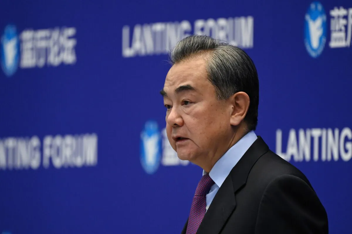 Chinese Foreign Minister Wang Yi speaks at the Lanting Forum on China-US relations in Beijing, China on Feb. 22, 2021. (Greg Baker/AFP via Getty Images)