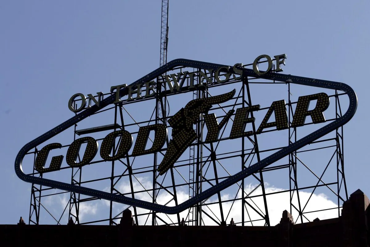 The Goodyear trademark sits on top of the Goodyear Hall building across the street from the Goodyear Tire and Rubber Co.'s corporate headquarters in Akron, Ohio, on Oct. 6, 2006. (J.D. Pooley/Getty Images)