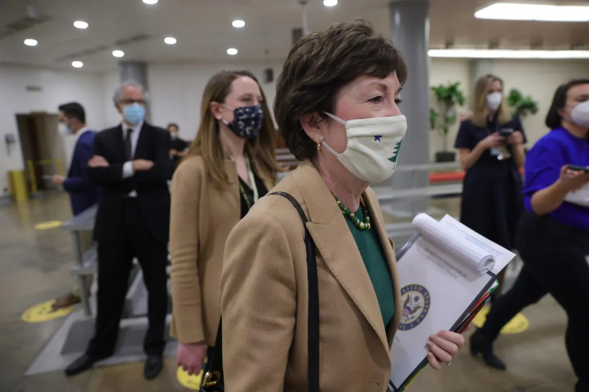 Sen. Susan Collins (R-Maine.) departs the U.S. Capitol in Washington on Feb. 12, 2021. (Win McNamee/Getty Images)
