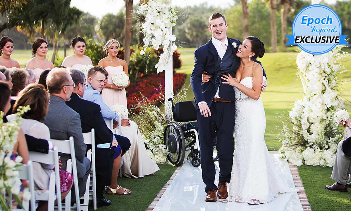 Chris Norton walking down the aisle with his wife, Emily Summers, in Jupiter, Fla., on April 21, 2018. (Courtesy of Sarah Kate/Fotolanthropy)