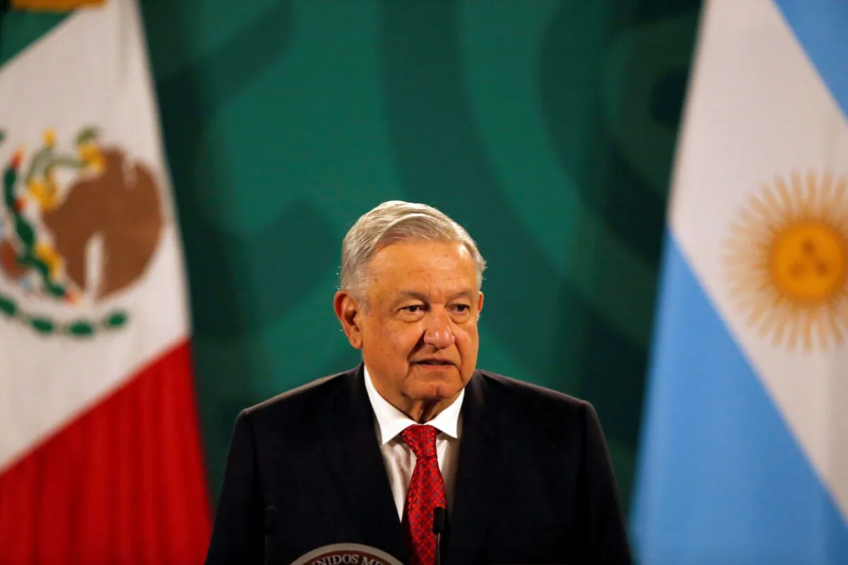 Mexican President Andrés Manuel López Obrador gives his daily, morning press conference at the National Palace in Mexico City on Tuesday, Feb. 23, 2021. (Marco Ugarte/AP Photo)