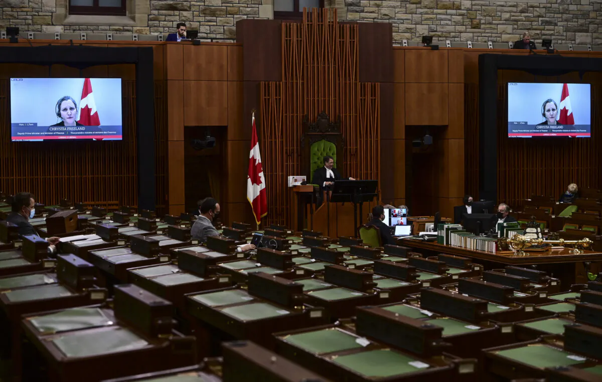 Minister of Finance Chrystia Freeland rises via video-link during question period in the House of Commons on Parliament Hill in Ottawa, Canada, on Jan. 26, 2021. (Sean Kilpatrick/The Canadian Press)