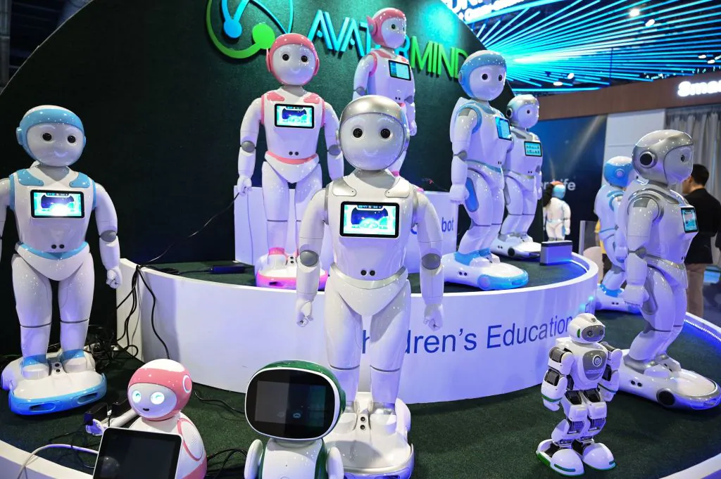 iPal smart AI for robots for children's education are displayed at the AvatarMind booth at CES 2019 consumer electronics show, at the Las Vegas Convention Center in Las Vegas, Nevada on Jan. 8, 2019. (Robyn Beck/AFP via Getty Images)