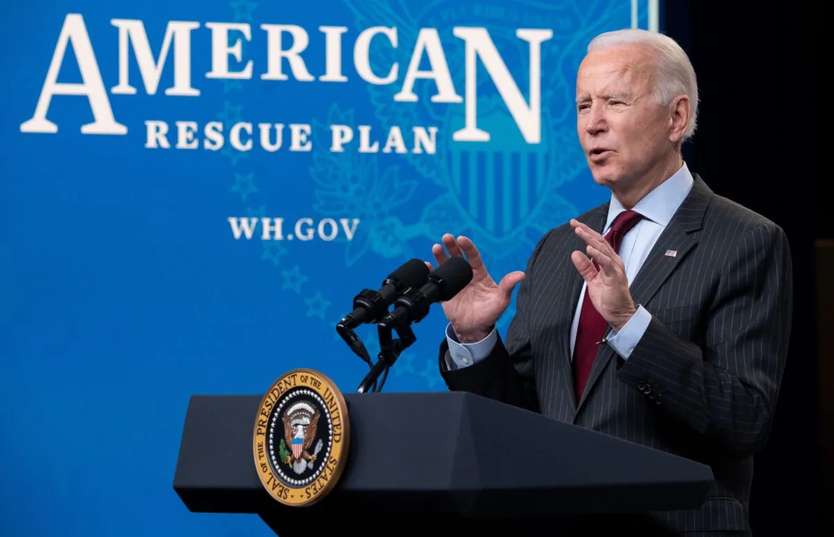 President Joe Biden speaks about the American Rescue Plan and the Paycheck Protection Program (PPP) for small businesses in response to coronavirus in the Eisenhower Executive Office Building in Washington, D.C., on Feb. 22, 2021. (Saul Loeb/AFP via Getty Images)
