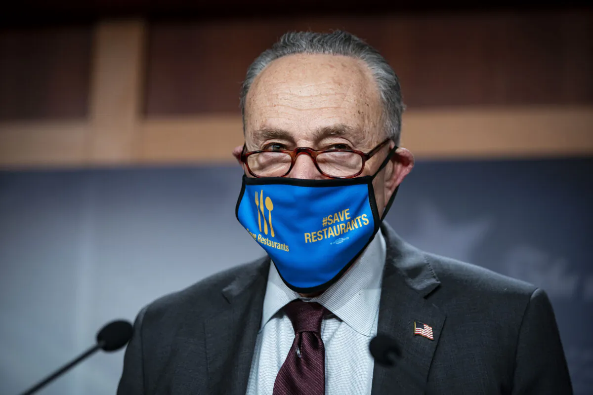 Senate Majority Leader Chuck Schumer (D-N.Y.) speaks during a news conference following a virtual Senate Democratic policy luncheon, in the Capitol in Washington on Feb. 23, 2021. (Al Drago/Getty Images)