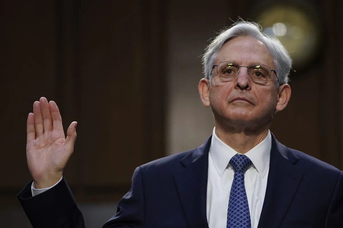 Attorney General nominee Merrick Garland is sworn-in during his confirmation hearing before the Senate Judiciary Committee in the Hart Senate Office Building in Washington, on Feb.22, 2021. (Drew Angerer/Getty Images)