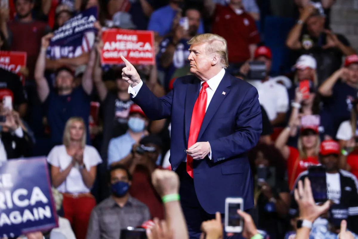 President Donald Trump is seen at a campaign rally in the BOK Center in Tulsa, Okla., on June 19, 2020. (Charlotte Cuthbertson/The Epoch Times)