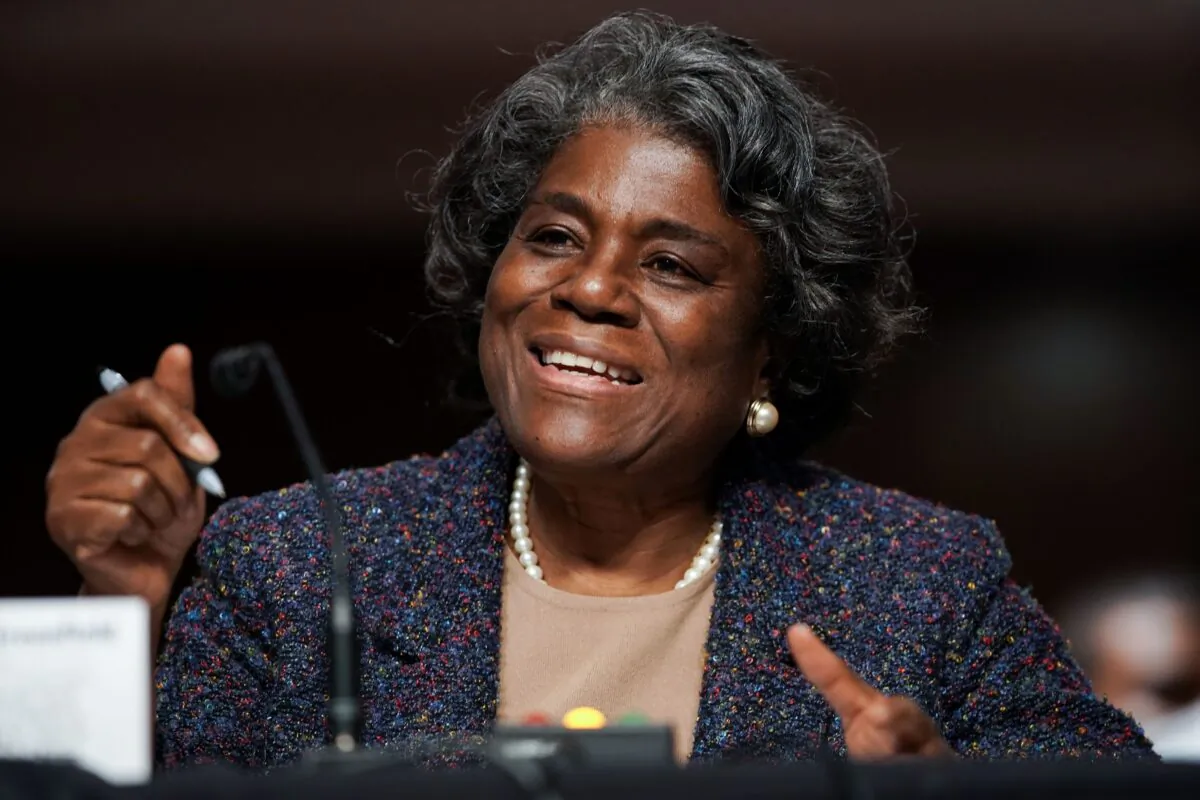 Linda Thomas-Greenfield speaks before the Senate Foreign Relations Committee hearing on her nomination to be the United States Ambassador to the United Nations, on Capitol Hill in Washington, on Jan. 27, 2021. (Greg Nash/Pool/AFP via Getty Images)