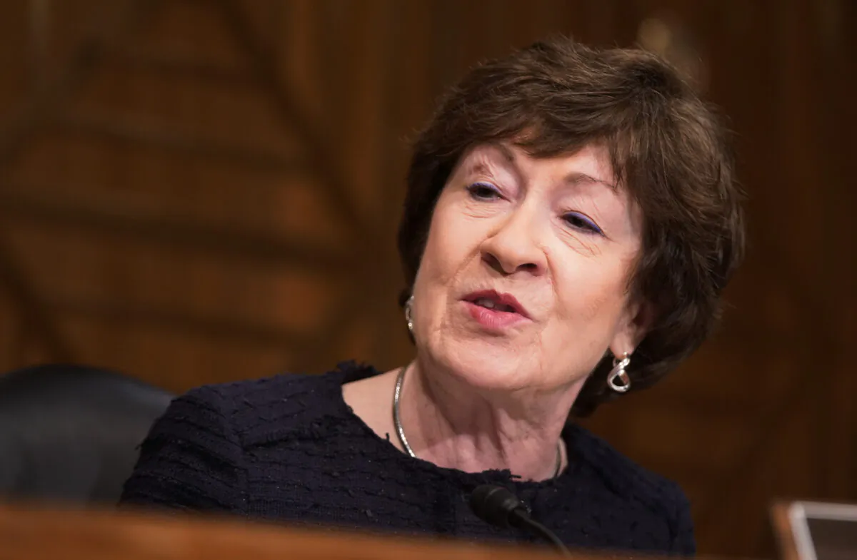 Sen. Susan Collins (R-Maine) speaks during a hearing on Capitol Hill on Feb. 23, 2021. (Leigh Vogel/Pool/AFP via Getty Images)