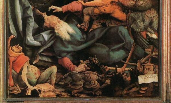 Two demons at the bottom of The Temptation of St. Anthony