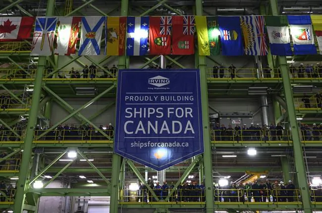 Shipbuilders and Irving employees attend an announcement at Irving Shipbuilding's Halifax shipyard on February 8, 2019. (Darren Calabrese/The Canadian Press)