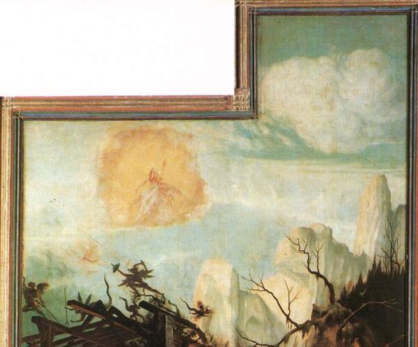 In the sky, we can see dark figures battling light ones,in a detail from “The Temptation of St. Anthony,”
