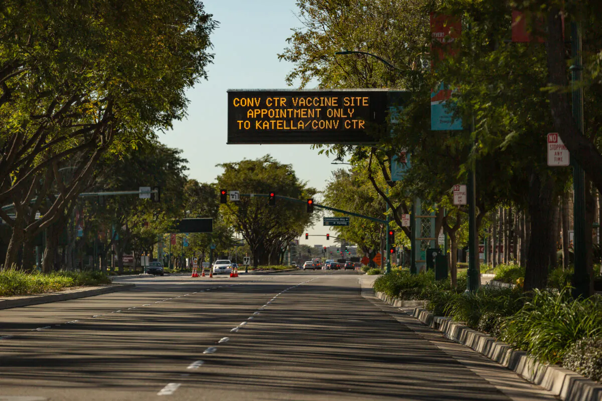 The Anaheim Convention center in Anaheim, Calif., opened Feb. 23, 2021. (John Fredricks/The Epoch Times)