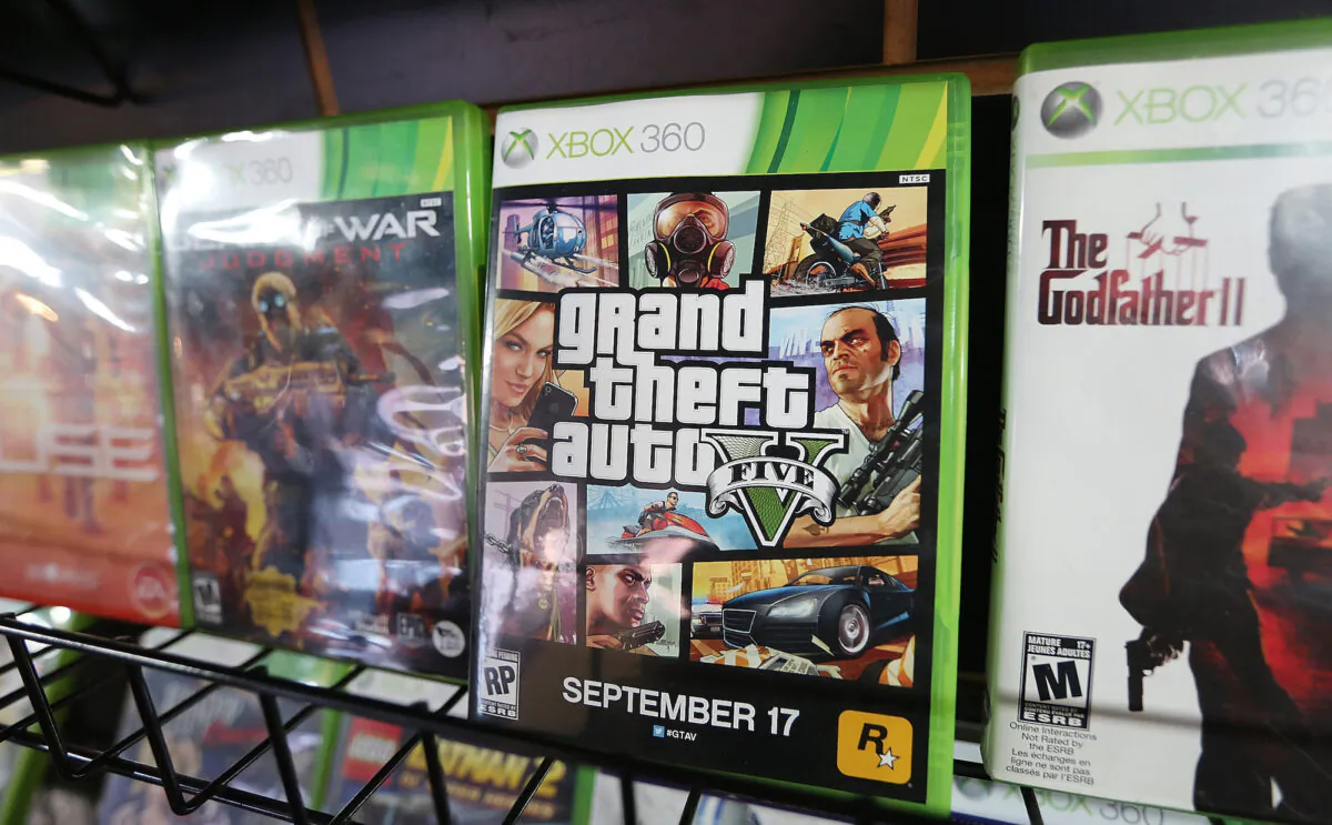 A display copy of Grand Theft Auto V (C) sits on a shelf at the a video games shop in New York City on Sept. 18, 2013. (Mario Tama/Getty Images)