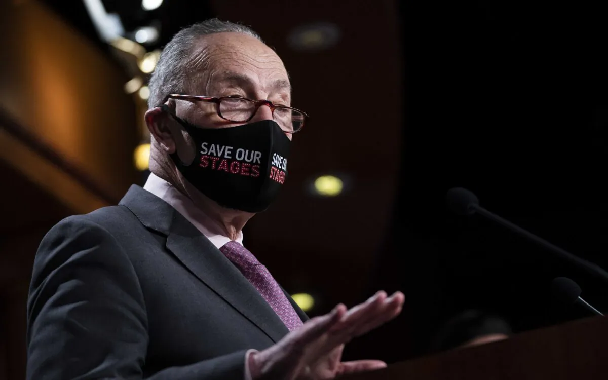Senate Majority Leader Chuck Schumer (D-N.Y.) speaks during a news conference in Washington on Feb. 11, 2021. (Drew Angerer/Getty Images)