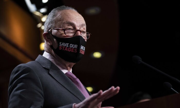 Senate Majority Leader Chuck Schumer (D-N.Y.) speaks during a news conference in Washington on Feb. 11, 2021. (Drew Angerer/Getty Images)