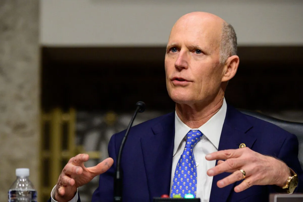 Sen. Rick Scott (R-Fla.) speaks in Washington on Feb. 23, 2021. (Erin Scott/POOL/AFP via Getty Images)