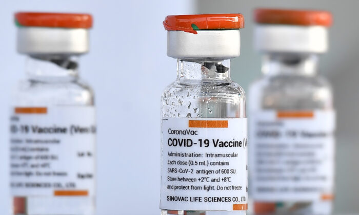 Vials of the CoronaVac vaccine, developed by China's Sinovac Biotech, in Bangkok, on Feb. 24, 2021. (Lillian Suwanrumpha/AFP via Getty Images)