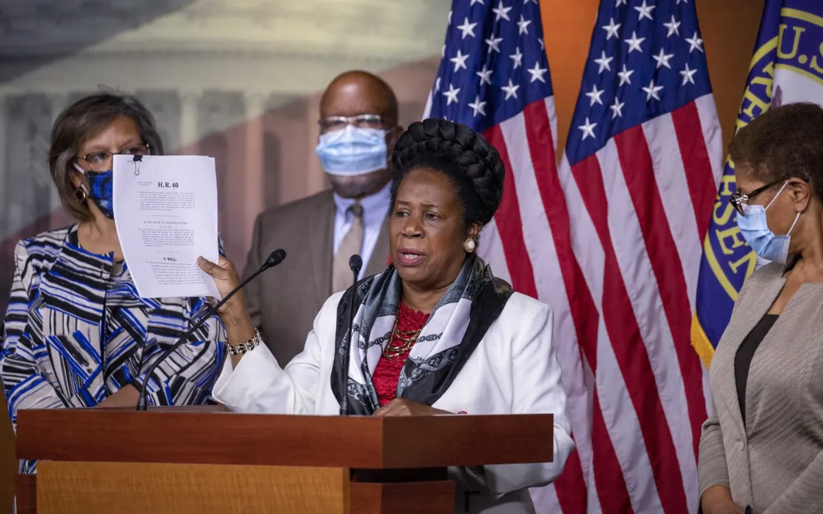 Rep. Sheila Jackson Lee (D-Texas) speaks at a Congressional Black Caucus press conference on Capitol Hill in Washington on July 1, 2020. (Tasos Katopodis/Getty Images)