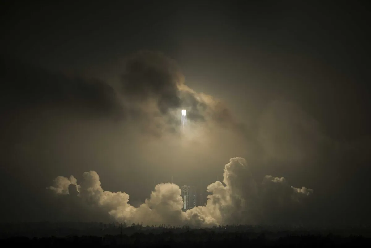 A Long March 7 orbital launch vehicle carrying China's cargo spacecraft Tianzhou-1 lifts off from its launch pad at the Wenchang Space Launch Centre in Wenchang, southern China's Hainan Province, on April 20, 2017. (Fred Dufour/AFP via Getty Images)