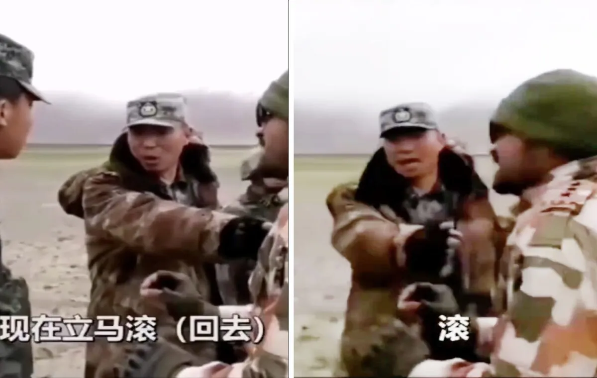Chinese regiment commander Qi Fabao shouts to an Indian soldier who wants to negotiate with him at Galwan Valley, a India–China border region, in June 2020. (Screenshot/Weibo)