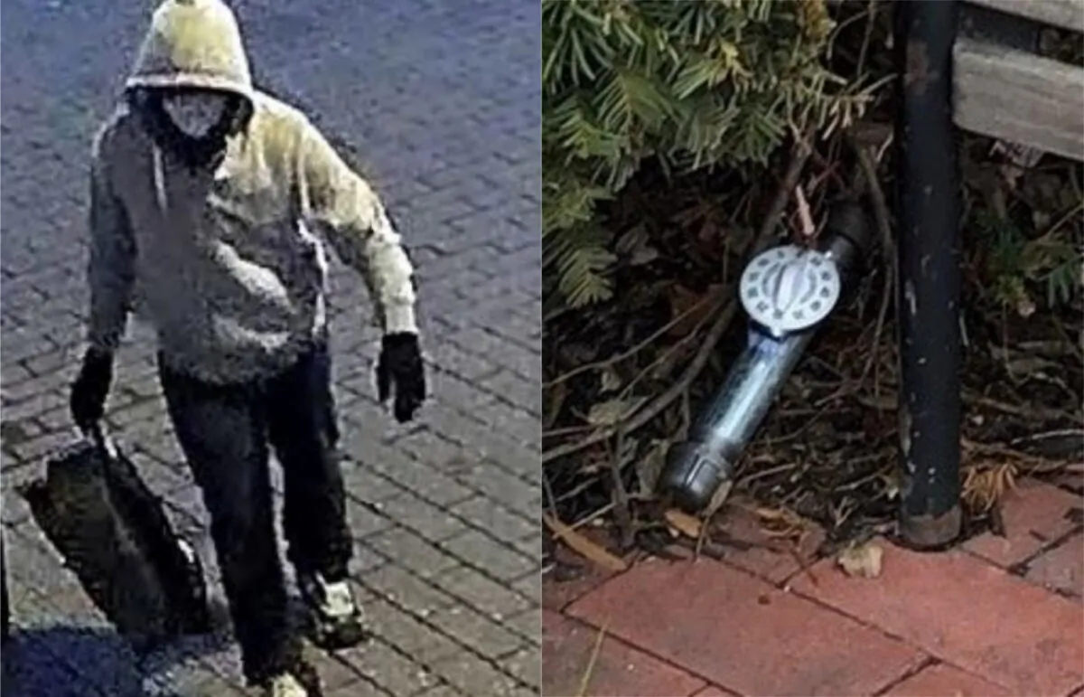 A suspect in the placement of two devices that the FBI said were pipe bombs is seen in Washington on Jan. 5, 2021. On right is a closeup photograph of one of the devices. (FBI via The Epoch Times)