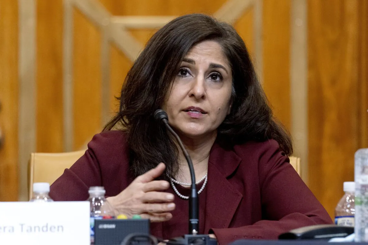 Neera Tanden, President Joe Biden's then-nominee for director of the Office of Management and Budget, testifies during a Senate Budget Committee hearing on Capitol Hill in Washington on Feb. 10, 2021. (Andrew Harnik/AP Photo)
