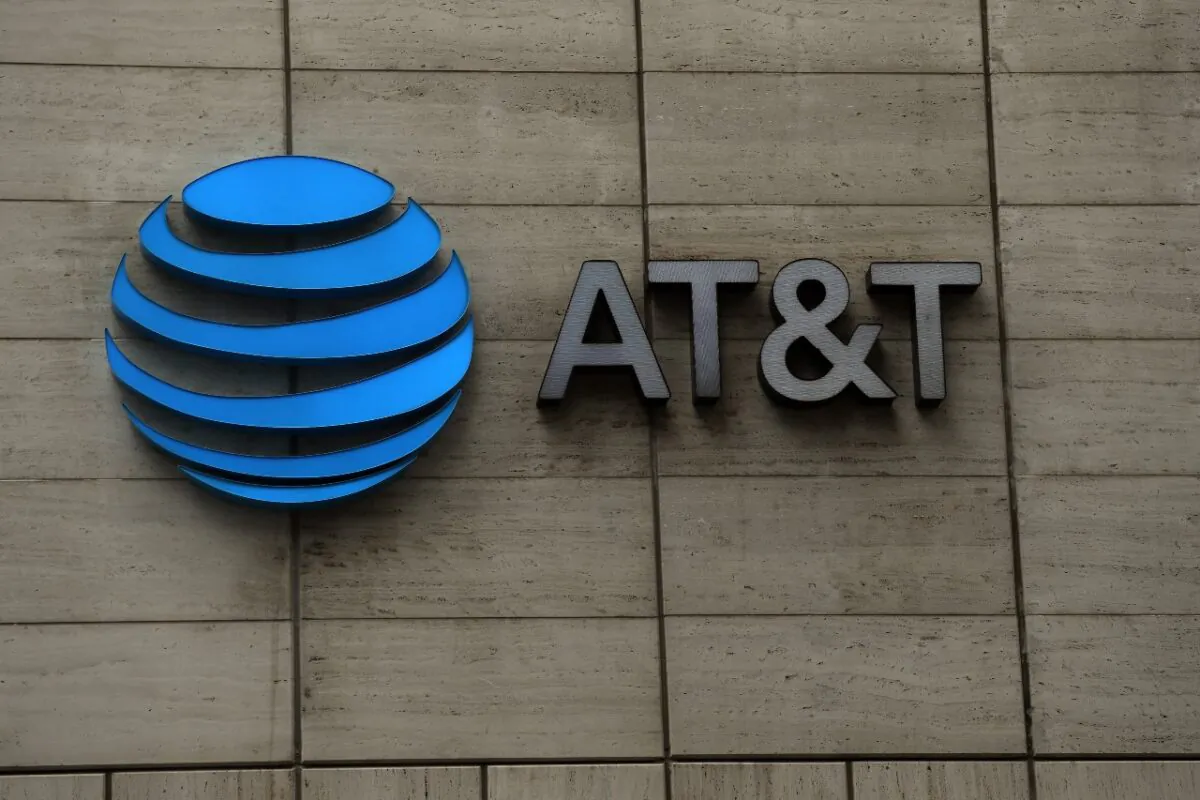 The logo of AT&T outside of AT&T corporate headquarters in Dallas, Texas on March 13, 2020. (Ronald Martinez/Getty Images)