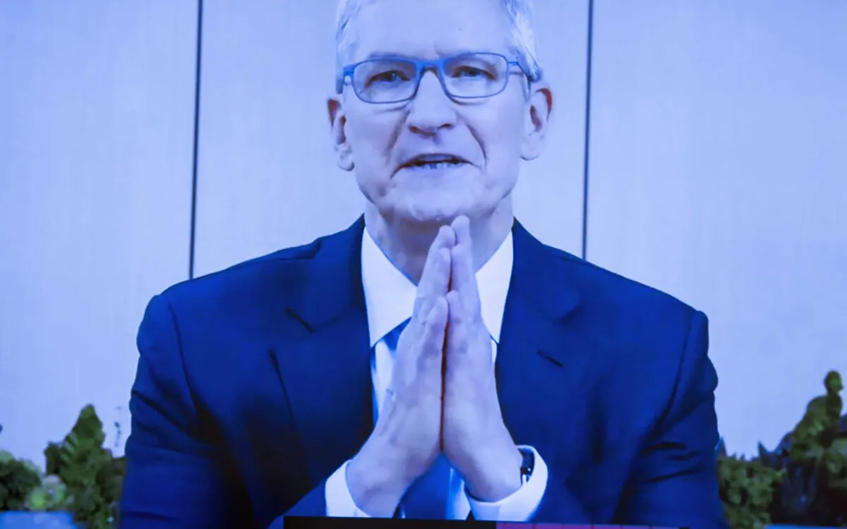 Apple CEO Tim Cook speaks via video conference during the House Judiciary Subcommittee on Antitrust, Commercial and Administrative Law hearing on Online Platforms and Market Power in the Rayburn House office Building on Capitol Hill in Washington on July 29, 2020. (Graeme Jennings/Pool/Getty Images)