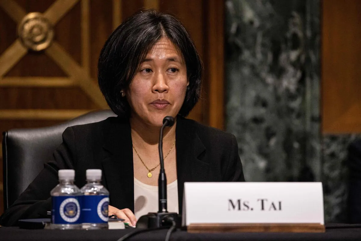 Katherine Tai, nominee for U.S. Trade Representative, testifies during the Senate Finance committee hearings to examine her nomination in Washington, on Feb. 25, 2021. (Tasos Katopodis /Pool/AFP via Getty Images)