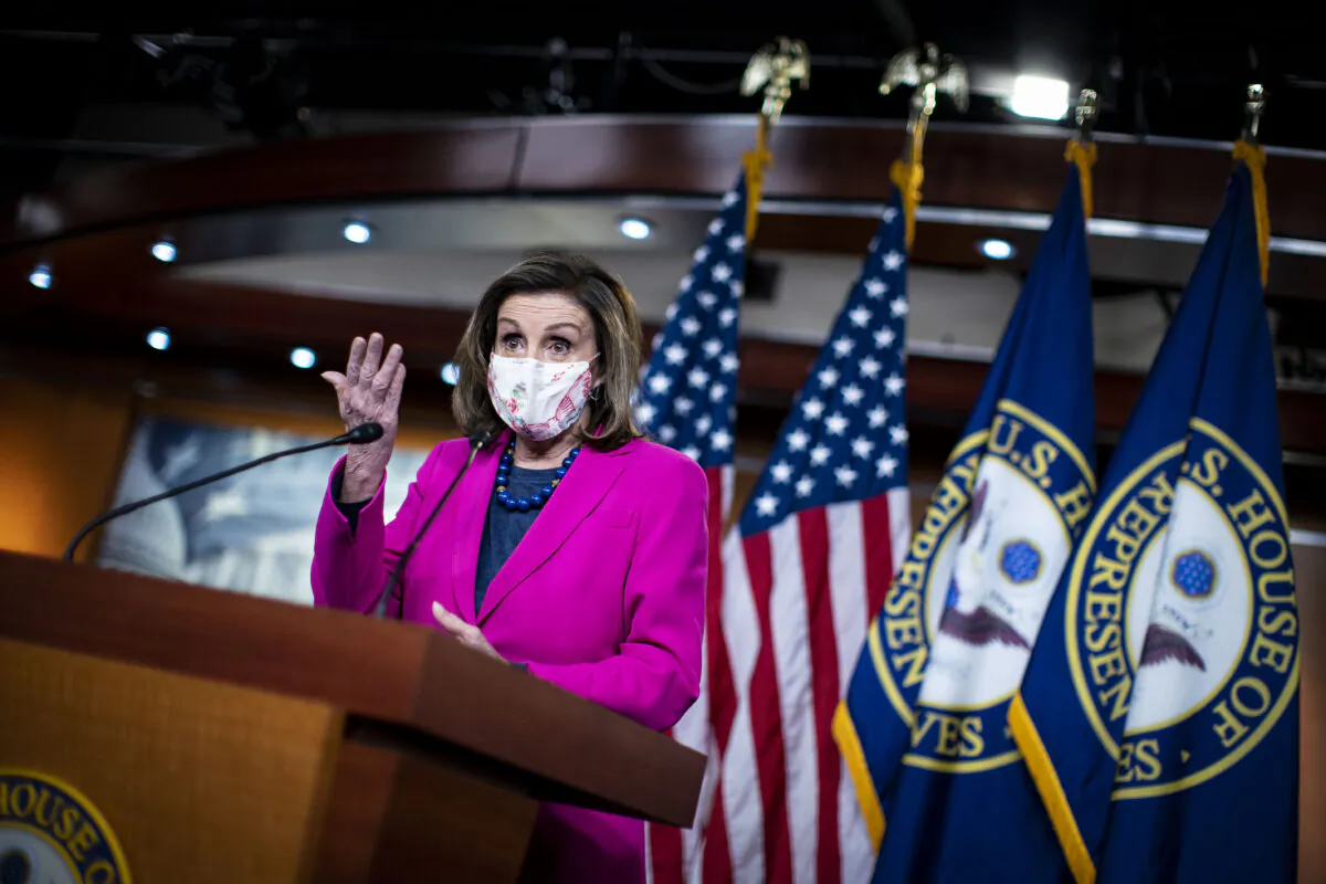 U.S. Speaker of the House Nancy Pelosi (D-Calif.) speaks at a weekly news conference at the U.S. Capitol, on Feb. 25, 2021. (Al Drago/Getty Images)