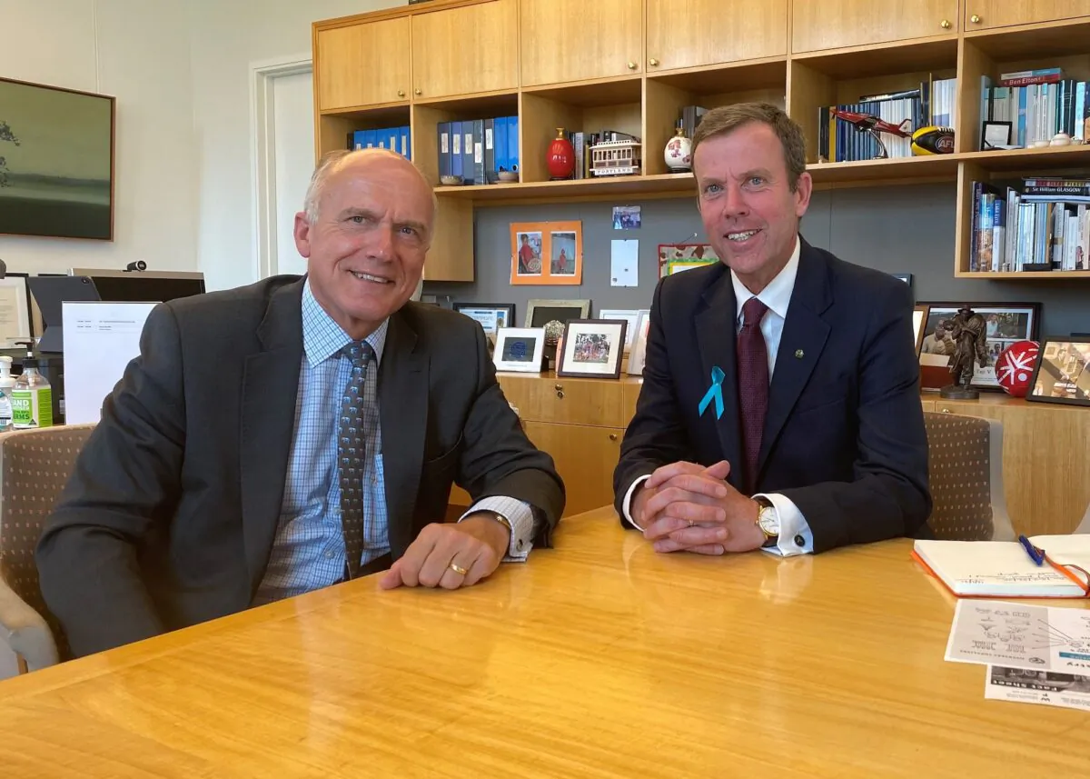 Senator Eric Abetz (L) meets with Trade Minister Dan Tehan (R) to discuss CANZUK in Parliament House in Canberra, Australia on Feb. 18, 2021. (Josh Byrne)