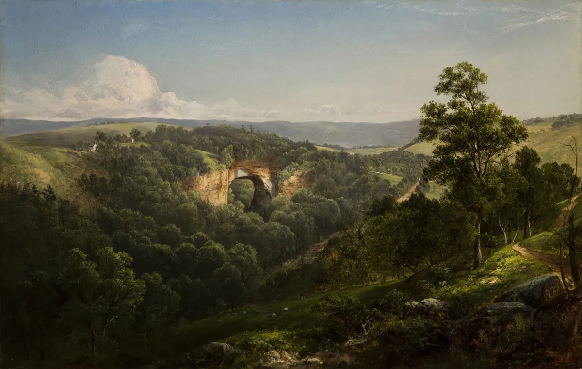 A detail of "Natural Bridge, Virginia," 1860, by David Johnson. Oil on canvas. Winston-Salem, NC. Gift of
Philip Hanes Jr., in honor of Charles H. Babcock, Sr., Reynolda House Museum of
American Art. Reynolda House is an affiliate of Wake Forest University. (Courtesy of Reynolda House Museum of American Art)