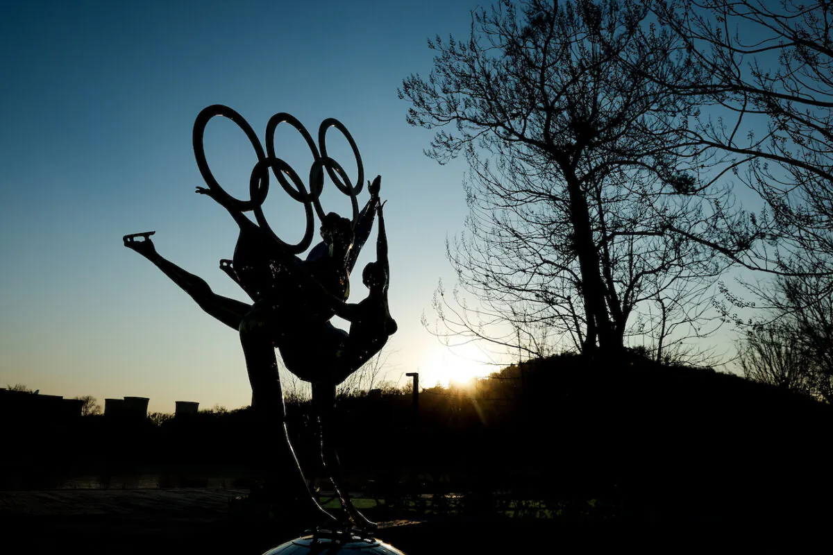 A sculpture depicts Olympic figure skaters for the 2022 Beijing Winter Olympics at Shougang Park in Beijing on Dec.16, 2020. (Lintao Zhang/Getty Images)